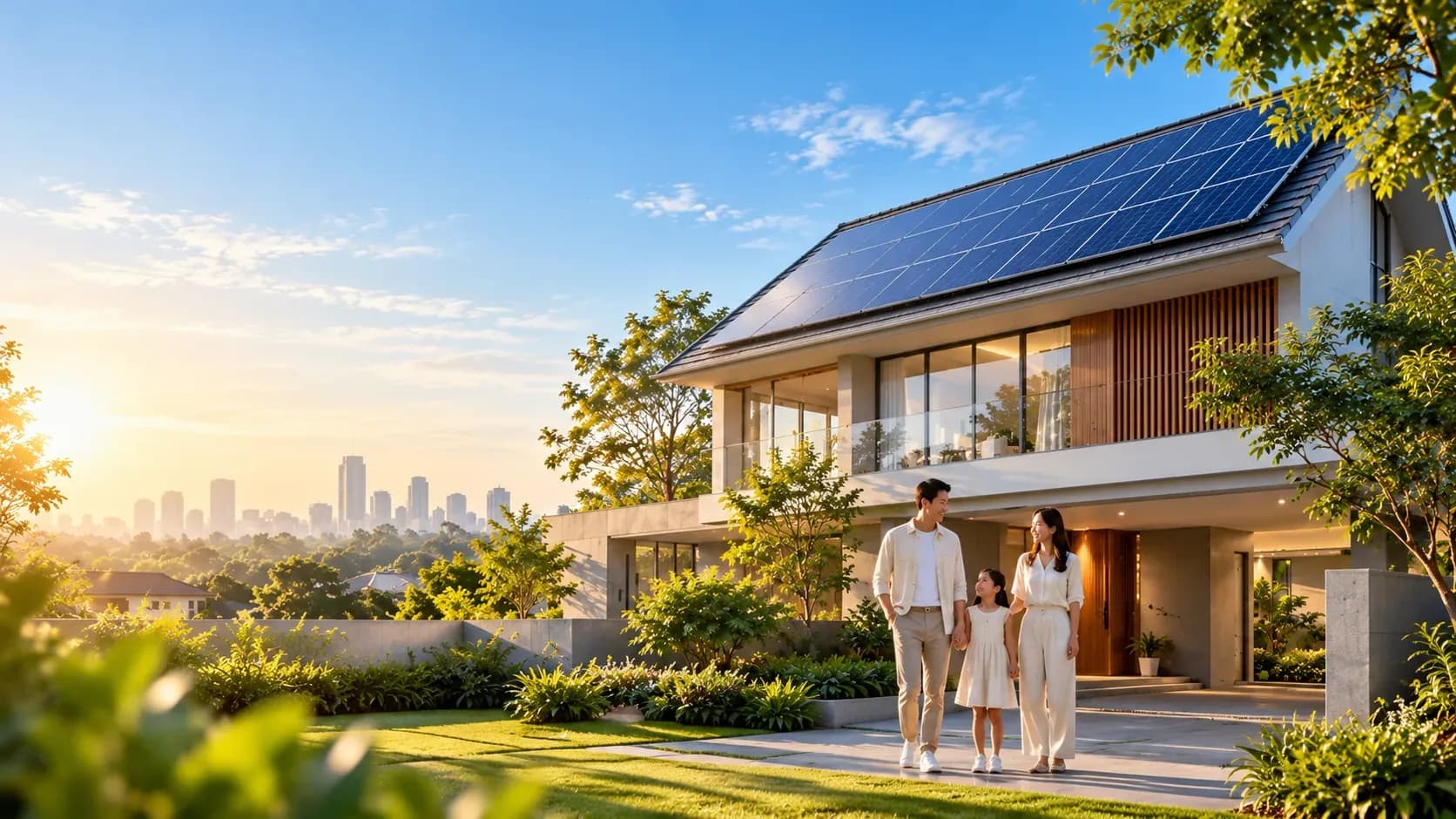 หลังคาบ้านที่ติดตั้งแผงโซลาร์เซลล์ในมุมใกล้ (ภาพประกอบที่สร้างด้วย AI ไม่ใช่ผลงานจริงของบริษัท)